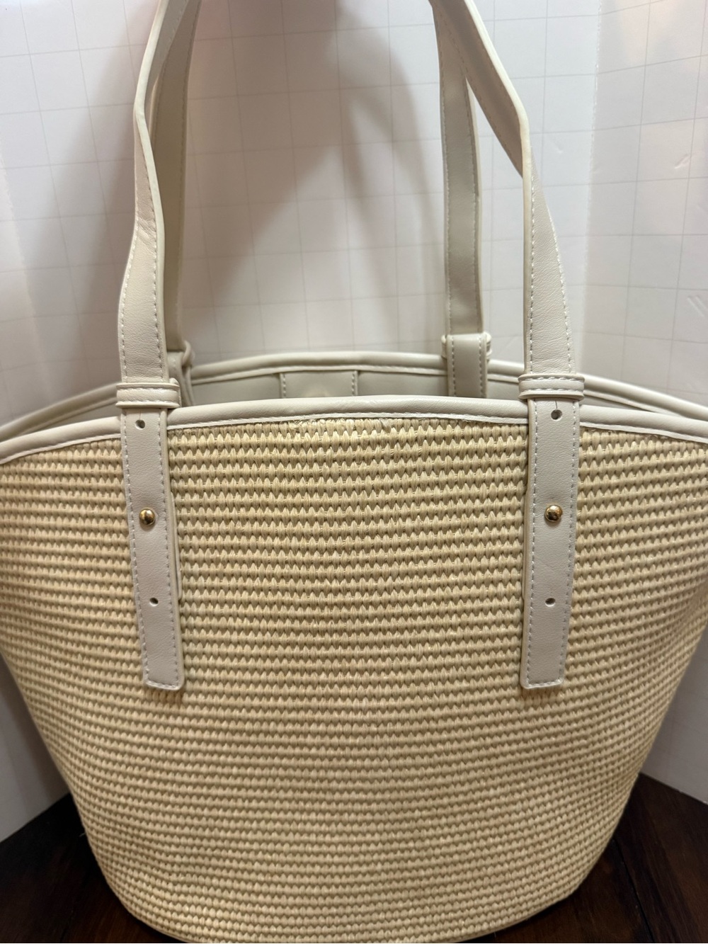Madison West Mara Straw Woven Winged Beige & White Tote